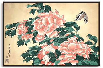 Inspiration Pivoines et papillons Hokusai - peinture à l'huile